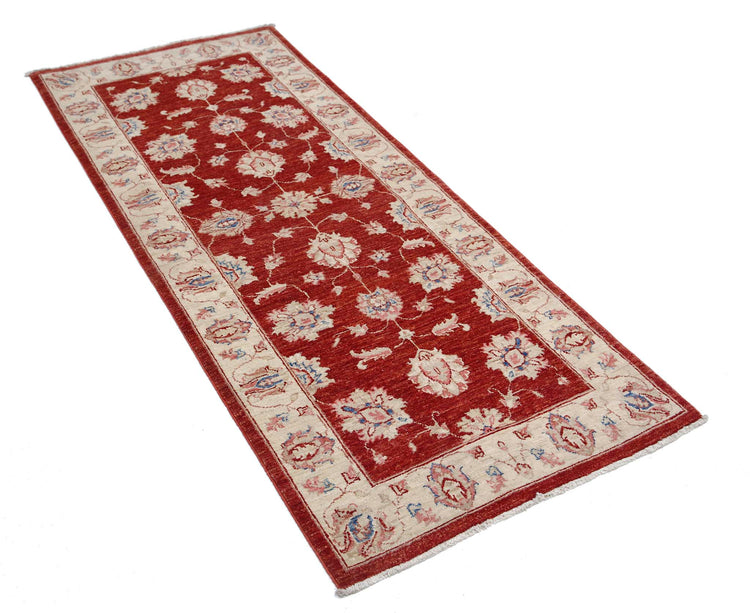 Traditional Hand Knotted Ziegler Farhan Wool Rug of Size 2'7'' X 6'2'' in Ivory and Red Colors - Made in Afghanistan