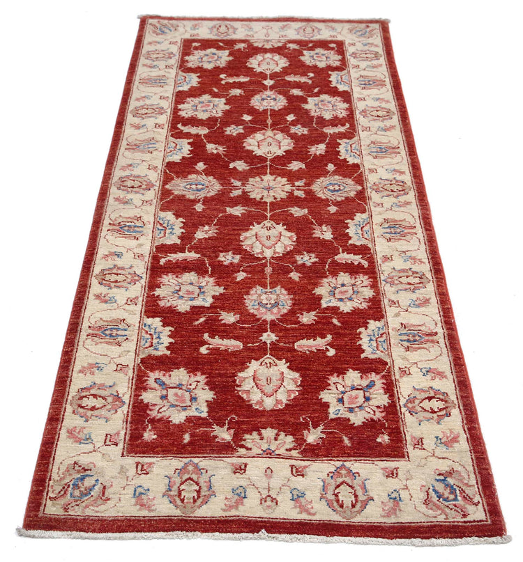 Traditional Hand Knotted Ziegler Farhan Wool Rug of Size 2'7'' X 6'2'' in Ivory and Red Colors - Made in Afghanistan