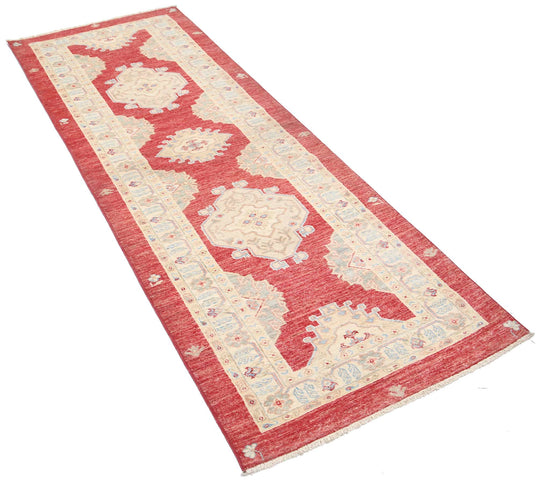 Traditional Hand Knotted Ziegler Farhan Wool Rug of Size 2'8'' X 7'6'' in Red and Red Colors - Made in Afghanistan