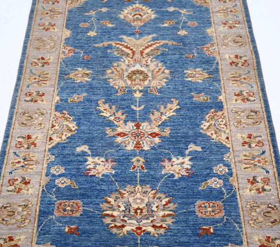 Traditional Hand Knotted Ziegler Farhan Wool Rug of Size 2'6'' X 7'0'' in Blue and Grey Colors - Made in Afghanistan
