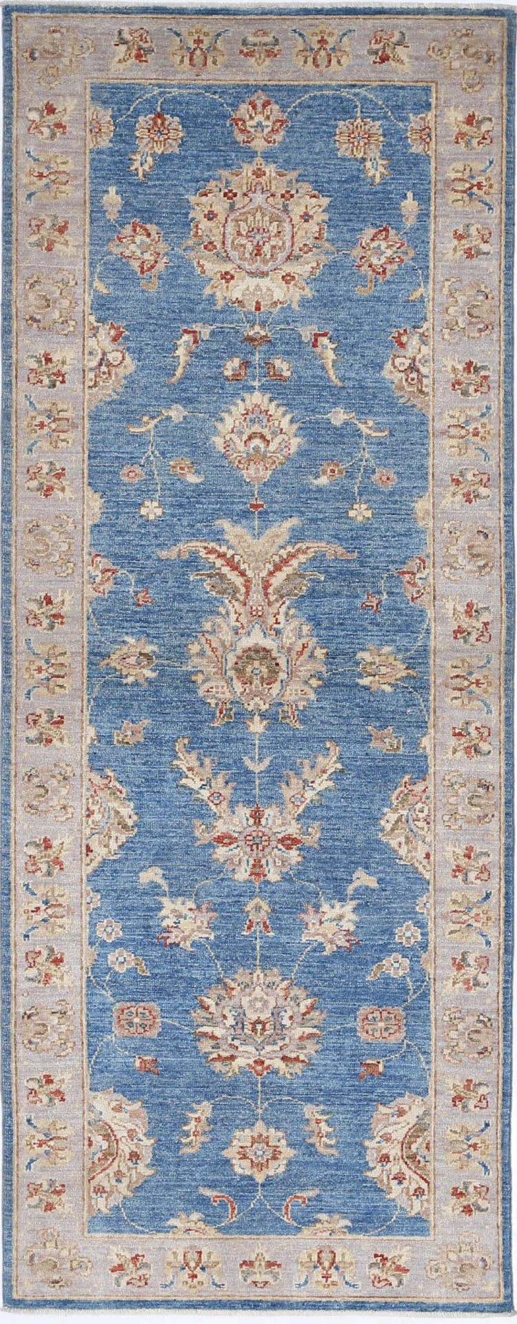 Traditional Hand Knotted Ziegler Farhan Wool Rug of Size 2'6'' X 7'0'' in Blue and Grey Colors - Made in Afghanistan
