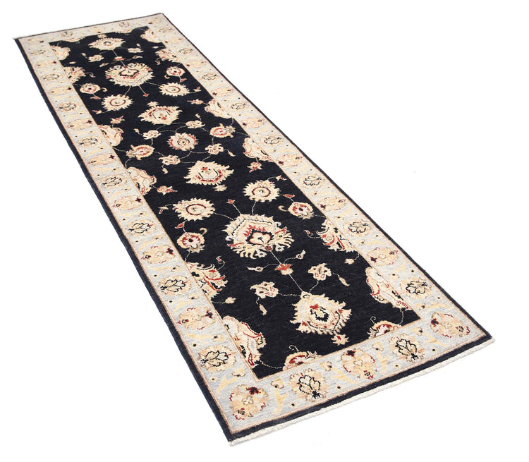 Traditional Hand Knotted Ziegler Farhan Wool Rug of Size 2'6'' X 8'1'' in Black and Grey Colors - Made in Afghanistan