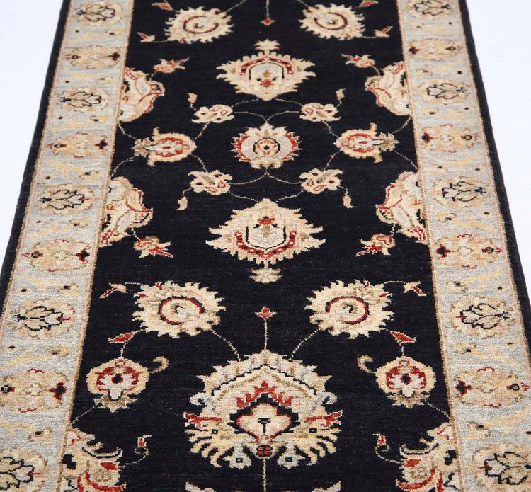 Traditional Hand Knotted Ziegler Farhan Wool Rug of Size 2'6'' X 8'1'' in Black and Grey Colors - Made in Afghanistan