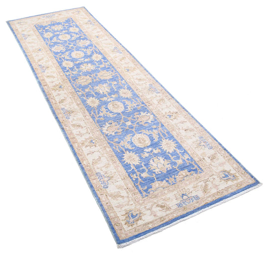 Traditional Hand Knotted Ziegler Farhan Wool Rug of Size 2'7'' X 8'1'' in Blue and Ivory Colors - Made in Afghanistan