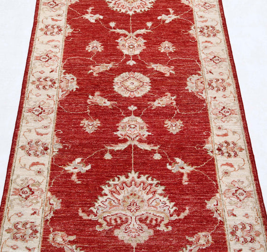 Traditional Hand Knotted Ziegler Farhan Wool Rug of Size 2'7'' X 6'2'' in Red and Ivory Colors - Made in Afghanistan