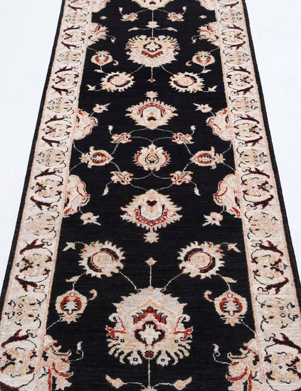Traditional Hand Knotted Ziegler Farhan Wool Rug of Size 2'6'' X 8'8'' in Black and Ivory Colors - Made in Afghanistan