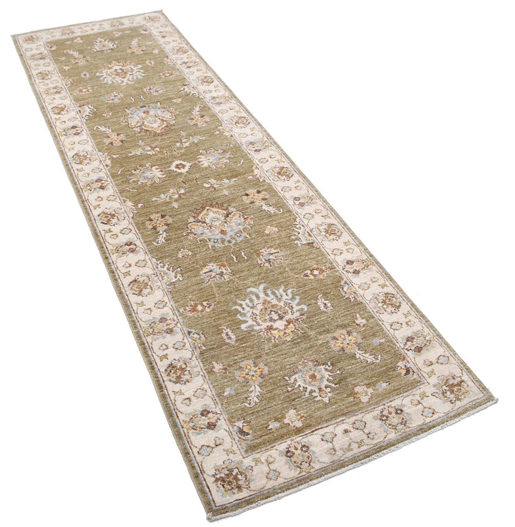 Traditional Hand Knotted Ziegler Farhan Wool Rug of Size 2'5'' X 8'1'' in Green and Ivory Colors - Made in Afghanistan