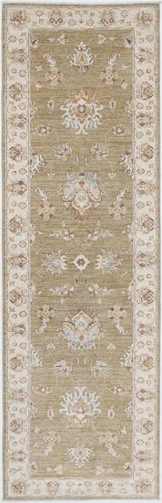 Traditional Hand Knotted Ziegler Farhan Wool Rug of Size 2'5'' X 8'1'' in Green and Ivory Colors - Made in Afghanistan