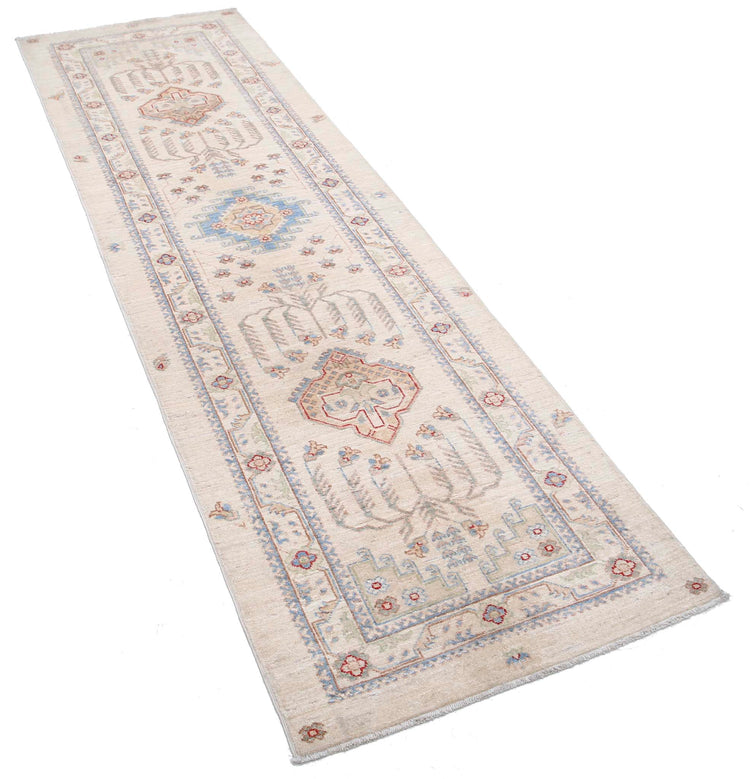 Traditional Hand Knotted Ziegler Farhan Wool Rug of Size 2'7'' X 8'5'' in Ivory and Ivory Colors - Made in Afghanistan