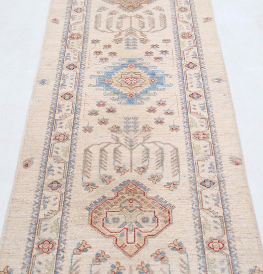 Traditional Hand Knotted Ziegler Farhan Wool Rug of Size 2'7'' X 8'5'' in Ivory and Ivory Colors - Made in Afghanistan