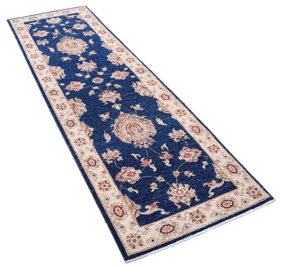 Traditional Hand Knotted Ziegler Farhan Wool Rug of Size 2'8'' X 8'2'' in Blue and Ivory Colors - Made in Afghanistan