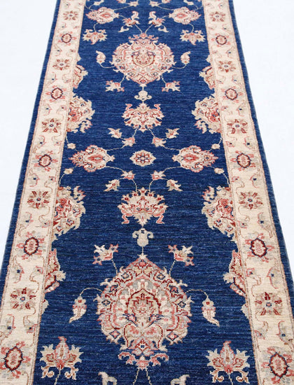 Traditional Hand Knotted Ziegler Farhan Wool Rug of Size 2'8'' X 8'2'' in Blue and Ivory Colors - Made in Afghanistan