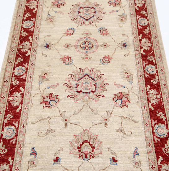 Traditional Hand Knotted Ziegler Farhan Wool Rug of Size 2'7'' X 8'7'' in Ivory and Red Colors - Made in Afghanistan