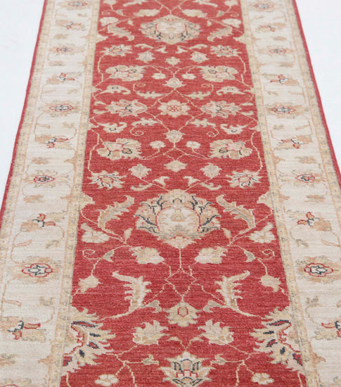 Traditional Hand Knotted Ziegler Farhan Wool Rug of Size 2'7'' X 9'6'' in Red and Ivory Colors - Made in Afghanistan