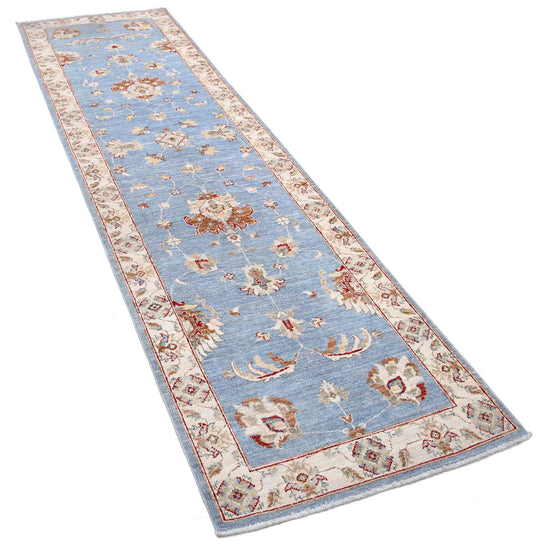 Traditional Hand Knotted Ziegler Farhan Wool Rug of Size 2'8'' X 12'6'' in Blue and Ivory Colors - Made in Afghanistan