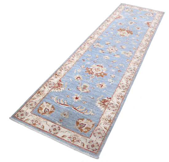 Traditional Hand Knotted Ziegler Farhan Wool Rug of Size 2'8'' X 12'6'' in Blue and Ivory Colors - Made in Afghanistan