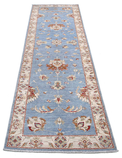 Traditional Hand Knotted Ziegler Farhan Wool Rug of Size 2'8'' X 12'6'' in Blue and Ivory Colors - Made in Afghanistan
