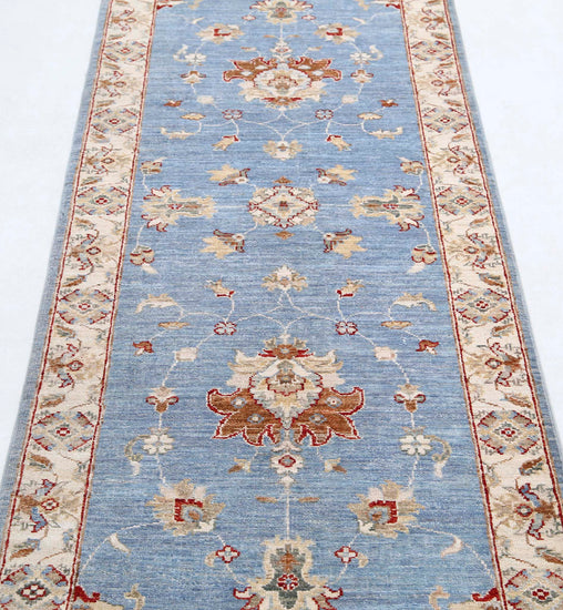 Traditional Hand Knotted Ziegler Farhan Wool Rug of Size 2'8'' X 12'6'' in Blue and Ivory Colors - Made in Afghanistan
