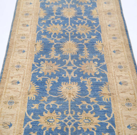 Traditional Hand Knotted Ziegler Farhan Wool Rug of Size 2'7'' X 8'0'' in Blue and Ivory Colors - Made in Afghanistan