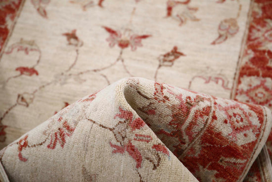 Traditional Hand Knotted Ziegler Farhan Wool Rug of Size 2'6'' X 8'4'' in Ivory and Red Colors - Made in Afghanistan