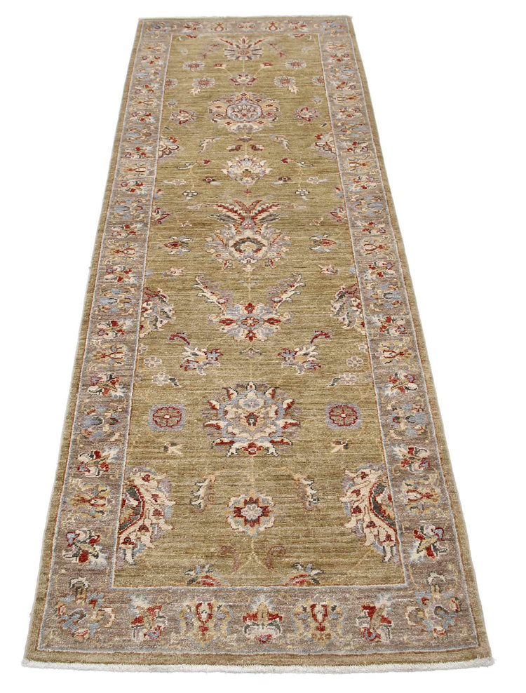 Traditional Hand Knotted Ziegler Farhan Wool Rug of Size 2'6'' X 7'4'' in Green and Brown Colors - Made in Afghanistan