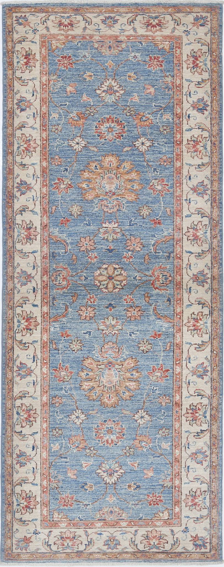 Traditional Hand Knotted Ziegler Farhan Wool Rug of Size 2'8'' X 6'10'' in Blue and Ivory Colors - Made in Afghanistan