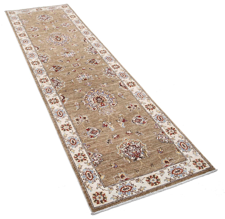 Traditional Hand Knotted Ziegler Farhan Wool Rug of Size 2'6'' X 8'8'' in Brown and Ivory Colors - Made in Afghanistan