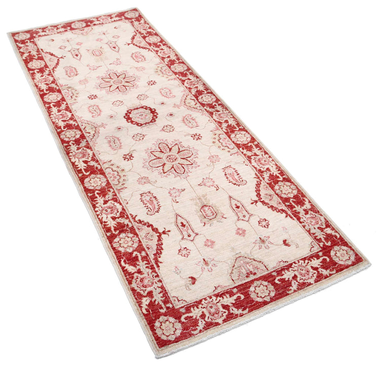 Traditional Hand Knotted Ziegler Farhan Wool Rug of Size 2'7'' X 6'8'' in Ivory and Red Colors - Made in Afghanistan