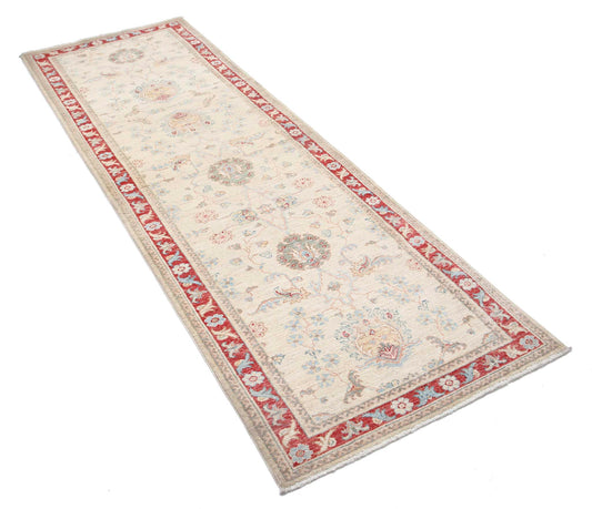Traditional Hand Knotted Ziegler Farhan Wool Rug of Size 2'8'' X 7'8'' in Ivory and Red Colors - Made in Afghanistan