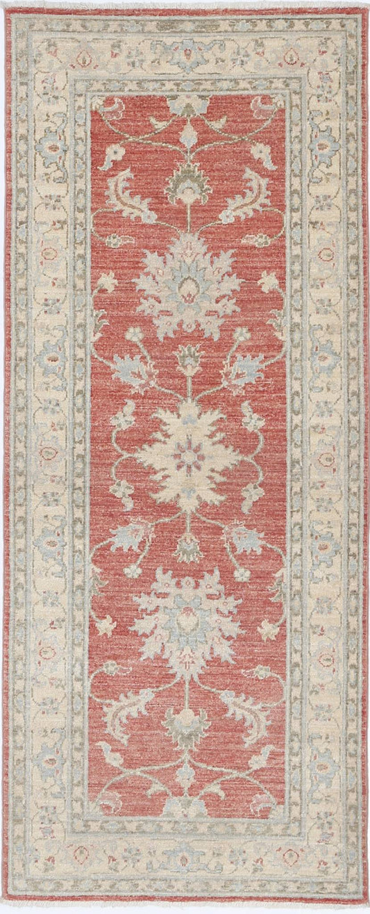 Traditional Hand Knotted Ziegler Farhan Wool Rug of Size 2'7'' X 6'5'' in Red and Ivory Colors - Made in Afghanistan