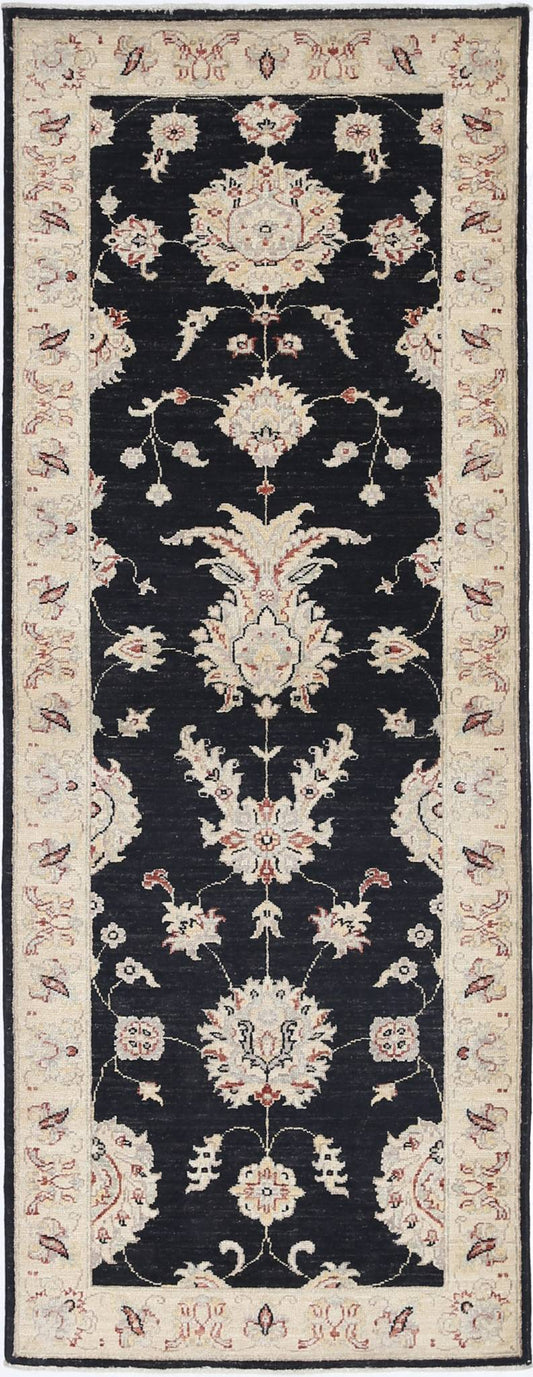 Traditional Hand Knotted Ziegler Farhan Wool Rug of Size 2'6'' X 6'9'' in Black and Ivory Colors - Made in Afghanistan