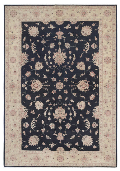Traditional Hand Knotted Ziegler Farhan Wool Rug of Size 6'8'' X 9'4'' in Black and Ivory Colors - Made in Afghanistan