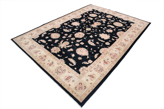 Traditional Hand Knotted Ziegler Farhan Wool Rug of Size 6'9'' X 9'4'' in Black and Ivory Colors - Made in Afghanistan