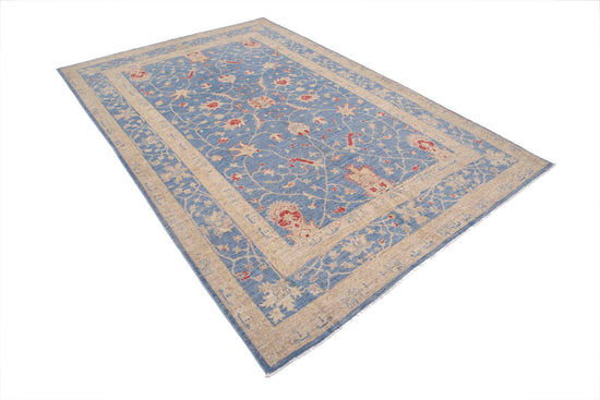 Traditional Hand Knotted Ziegler Farhan Wool Rug of Size 6'3'' X 9'6'' in Blue and Blue Colors - Made in Afghanistan