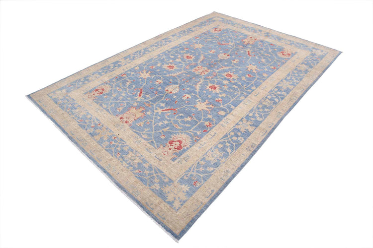 Traditional Hand Knotted Ziegler Farhan Wool Rug of Size 6'3'' X 9'6'' in Blue and Blue Colors - Made in Afghanistan