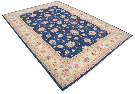 Traditional Hand Knotted Ziegler Farhan Wool Rug of Size 6'9'' X 9'3'' in Blue and Ivory Colors - Made in Afghanistan