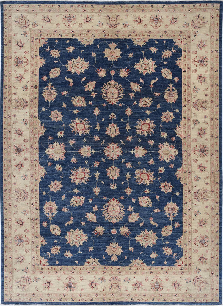 Traditional Hand Knotted Ziegler Farhan Wool Rug of Size 6'9'' X 9'3'' in Blue and Ivory Colors - Made in Afghanistan