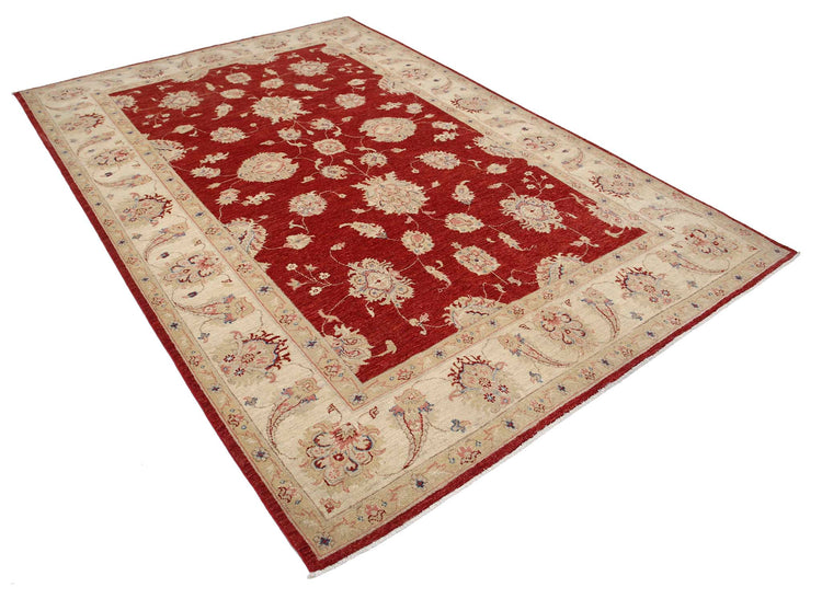Traditional Hand Knotted Ziegler Farhan Wool Rug of Size 6'7'' X 9'4'' in Red and Ivory Colors - Made in Afghanistan