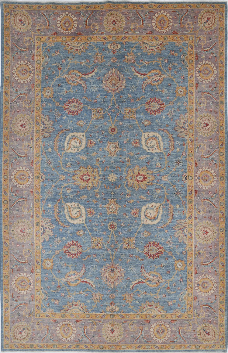 Traditional Hand Knotted Ziegler Farhan Wool Rug of Size 6'6'' X 10'2'' in Blue and Purple Colors - Made in Afghanistan