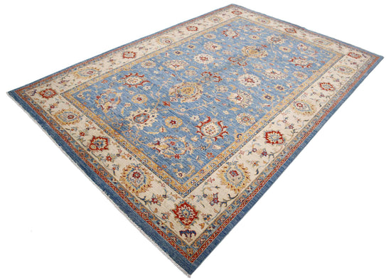 Traditional Hand Knotted Ziegler Farhan Wool Rug of Size 6'8'' X 9'8'' in Blue and Ivory Colors - Made in Afghanistan