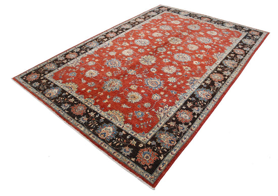Traditional Hand Knotted Ziegler Farhan Wool Rug of Size 6'5'' X 9'5'' in Red and Black Colors - Made in Afghanistan