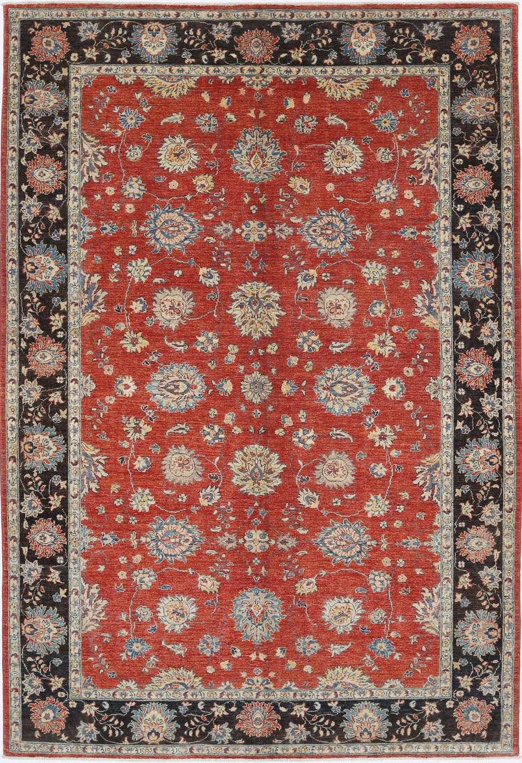 Traditional Hand Knotted Ziegler Farhan Wool Rug of Size 6'5'' X 9'5'' in Red and Black Colors - Made in Afghanistan