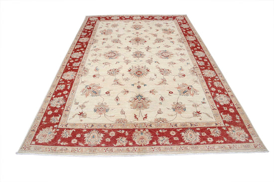 Traditional Hand Knotted Ziegler Farhan Wool Rug of Size 6'6'' X 9'5'' in Ivory and Red Colors - Made in Afghanistan