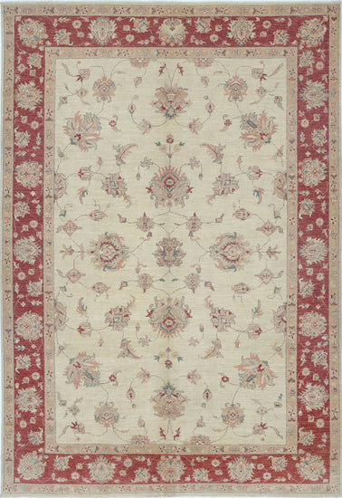 Traditional Hand Knotted Ziegler Farhan Wool Rug of Size 6'6'' X 9'5'' in Ivory and Red Colors - Made in Afghanistan