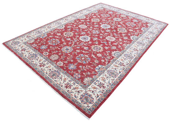 Traditional Hand Knotted Ziegler Farhan Wool Rug of Size 6'7'' X 9'8'' in Red and Ivory Colors - Made in Afghanistan