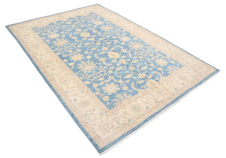 Traditional Hand Knotted Serenity Farhan Wool Rug of Size 5'7'' X 7'11'' in Blue and Ivory Colors - Made in Afghanistan