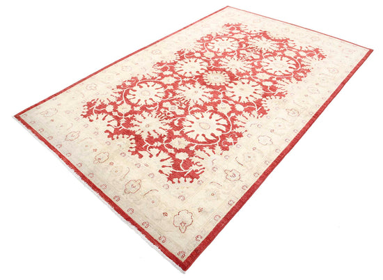 Traditional Hand Knotted Ziegler Farhan Wool Rug of Size 5'5'' X 8'6'' in Red and Ivory Colors - Made in Afghanistan