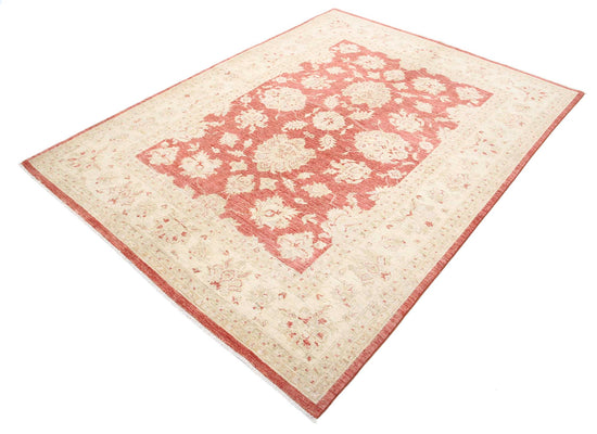 Traditional Hand Knotted Ziegler Farhan Wool Rug of Size 5'7'' X 7'5'' in Red and Ivory Colors - Made in Afghanistan