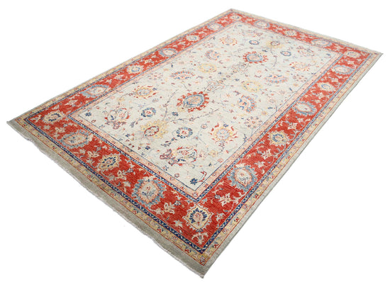 Traditional Hand Knotted Ziegler Farhan Wool Rug of Size 5'6'' X 8'8'' in Blue and Red Colors - Made in Afghanistan