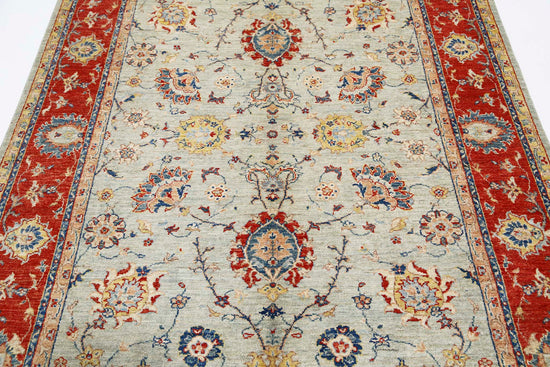 Traditional Hand Knotted Ziegler Farhan Wool Rug of Size 5'6'' X 8'8'' in Blue and Red Colors - Made in Afghanistan